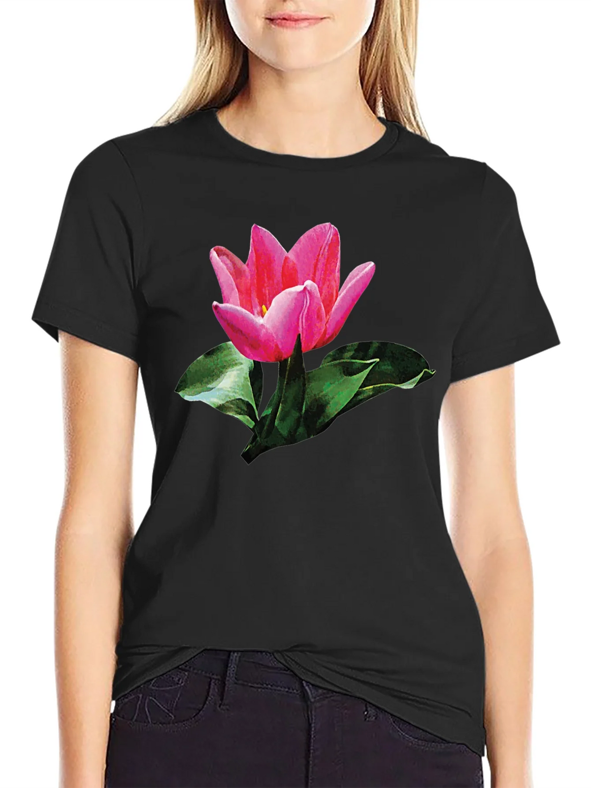 Pink Tulip Graphic Print Black T-Shirt product image 2