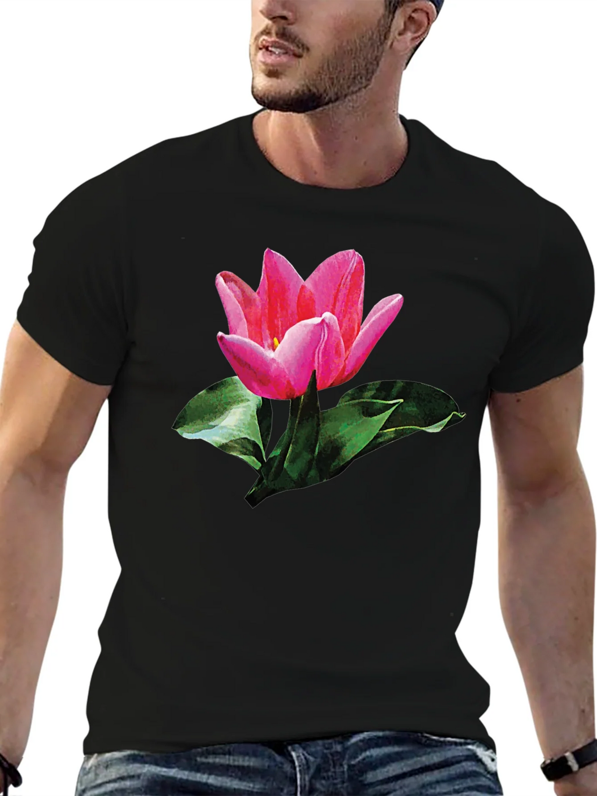 Pink Tulip Graphic Print Black T-Shirt product image 6
