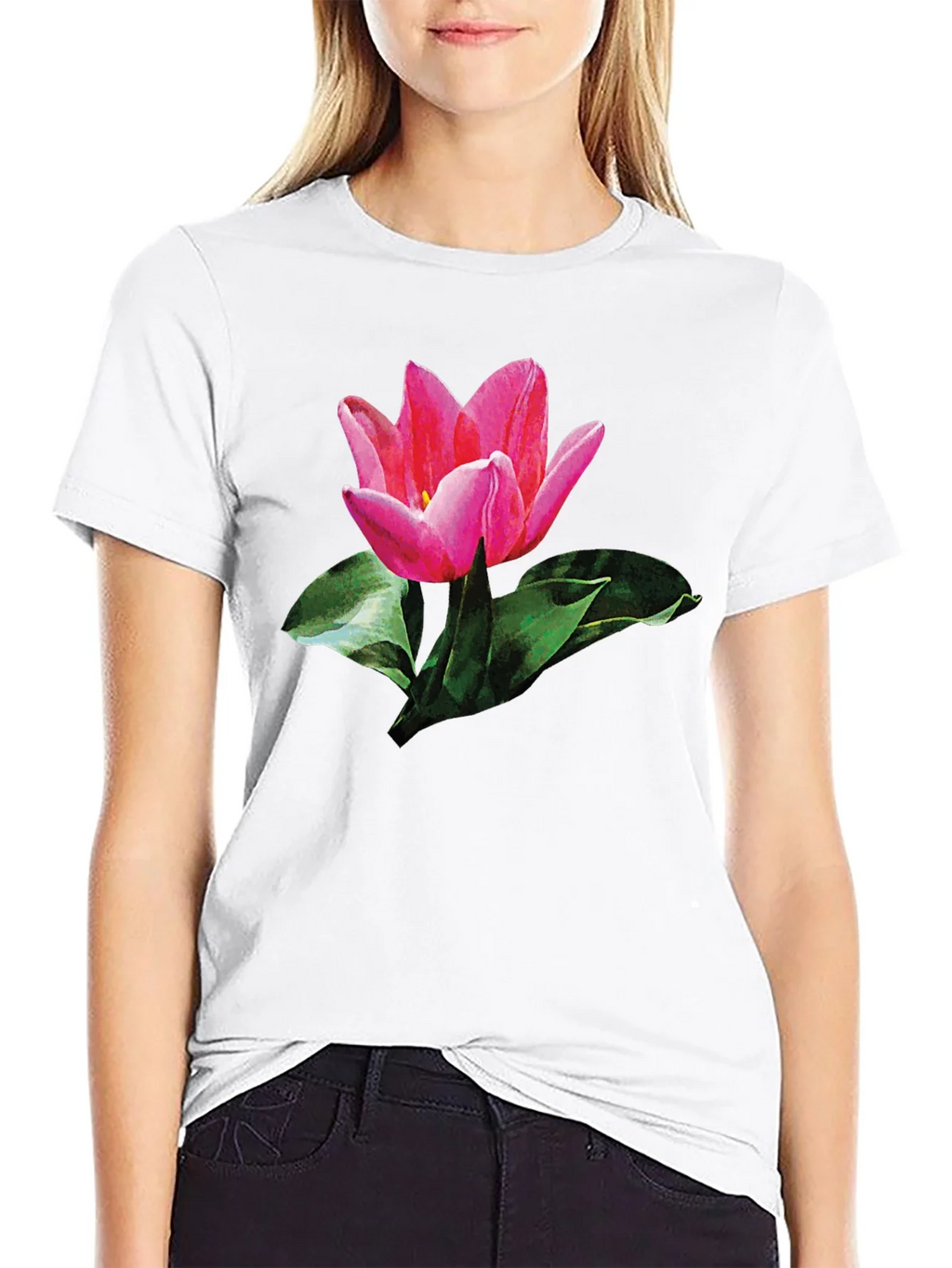 Pink Tulip Graphic Print Black T-Shirt product image 8