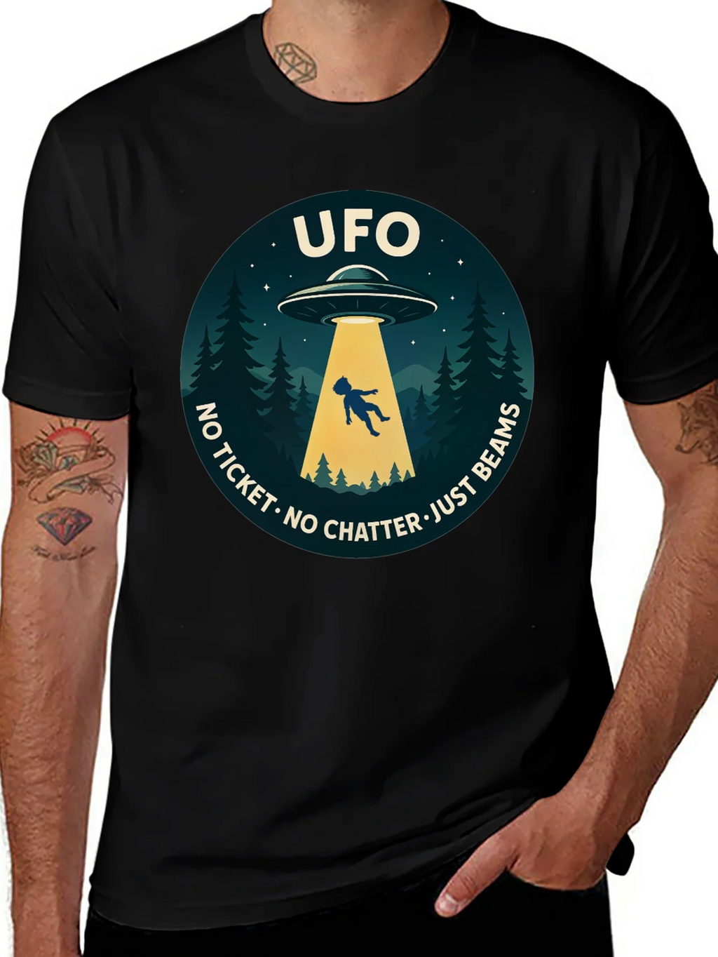 UFO Abduction Graphic T-Shirt - No Ticket Just Beams product image 1