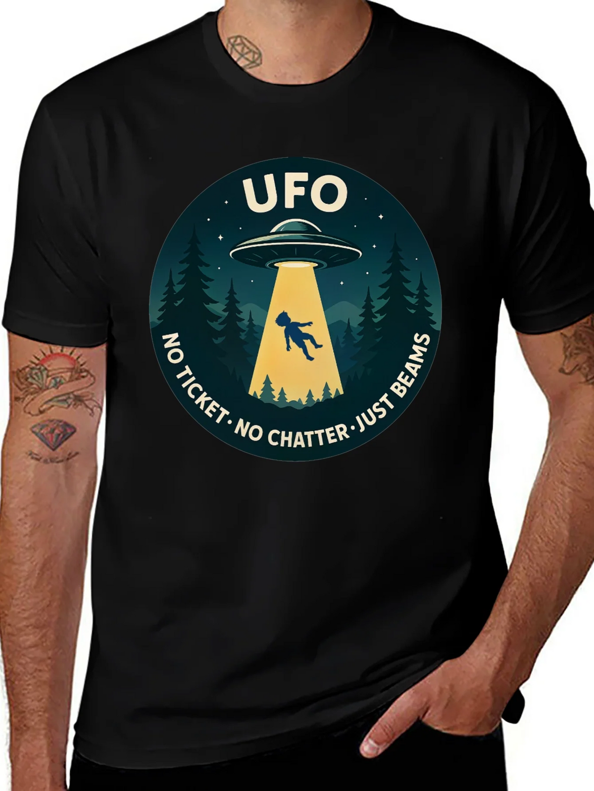 UFO Abduction Graphic T-Shirt - No Ticket Just Beams product image 1
