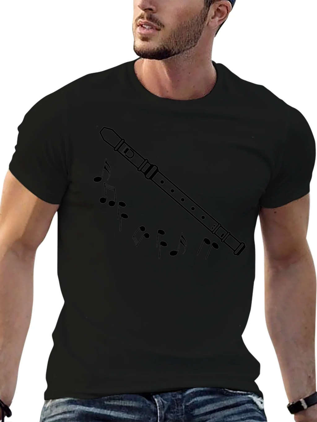 Musical Flute & Notes Graphic Black T-Shirt product image 6