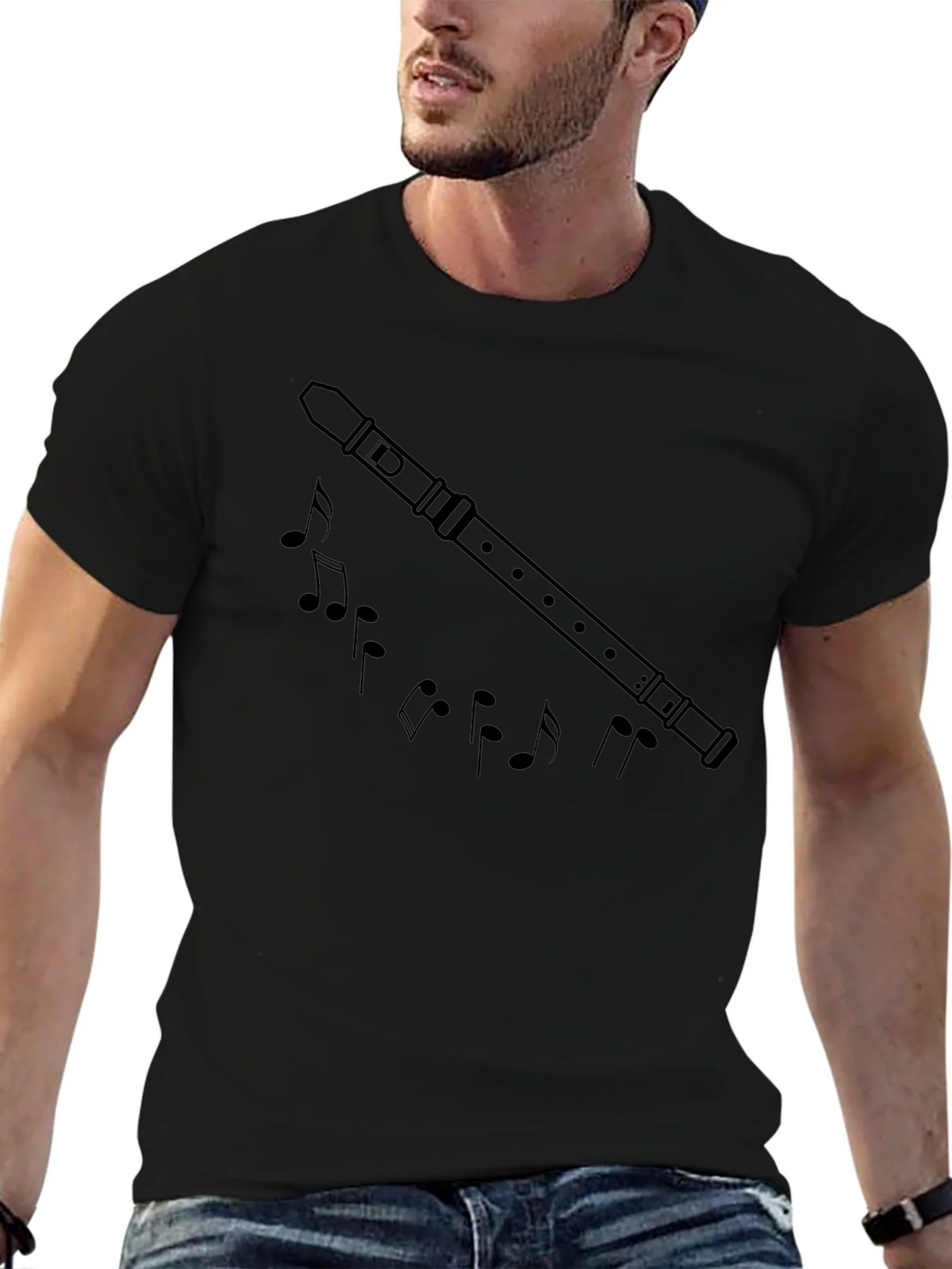 Musical Flute & Notes Graphic Black T-Shirt product image 6