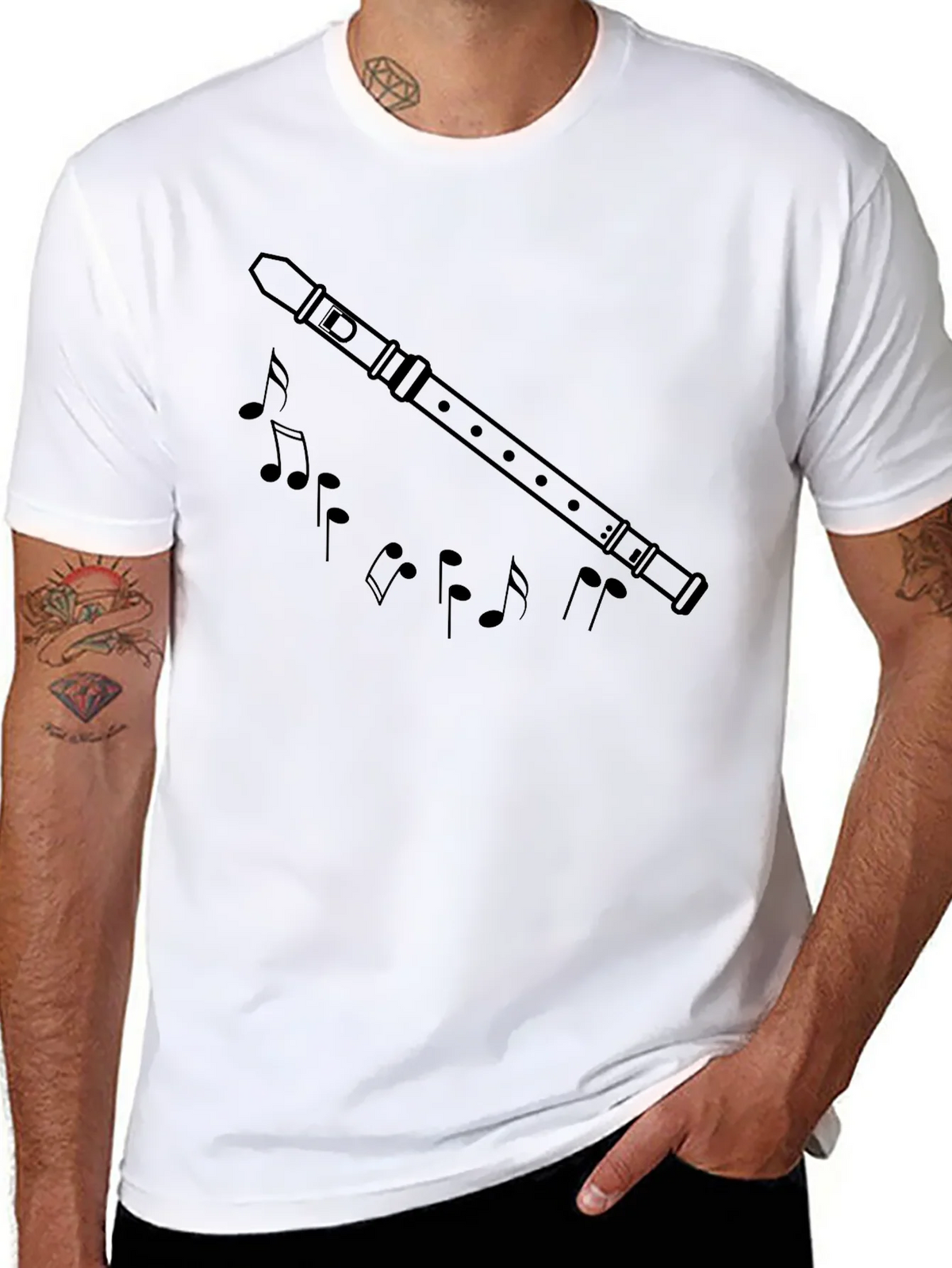 Musical Flute & Notes Graphic Black T-Shirt product image 7