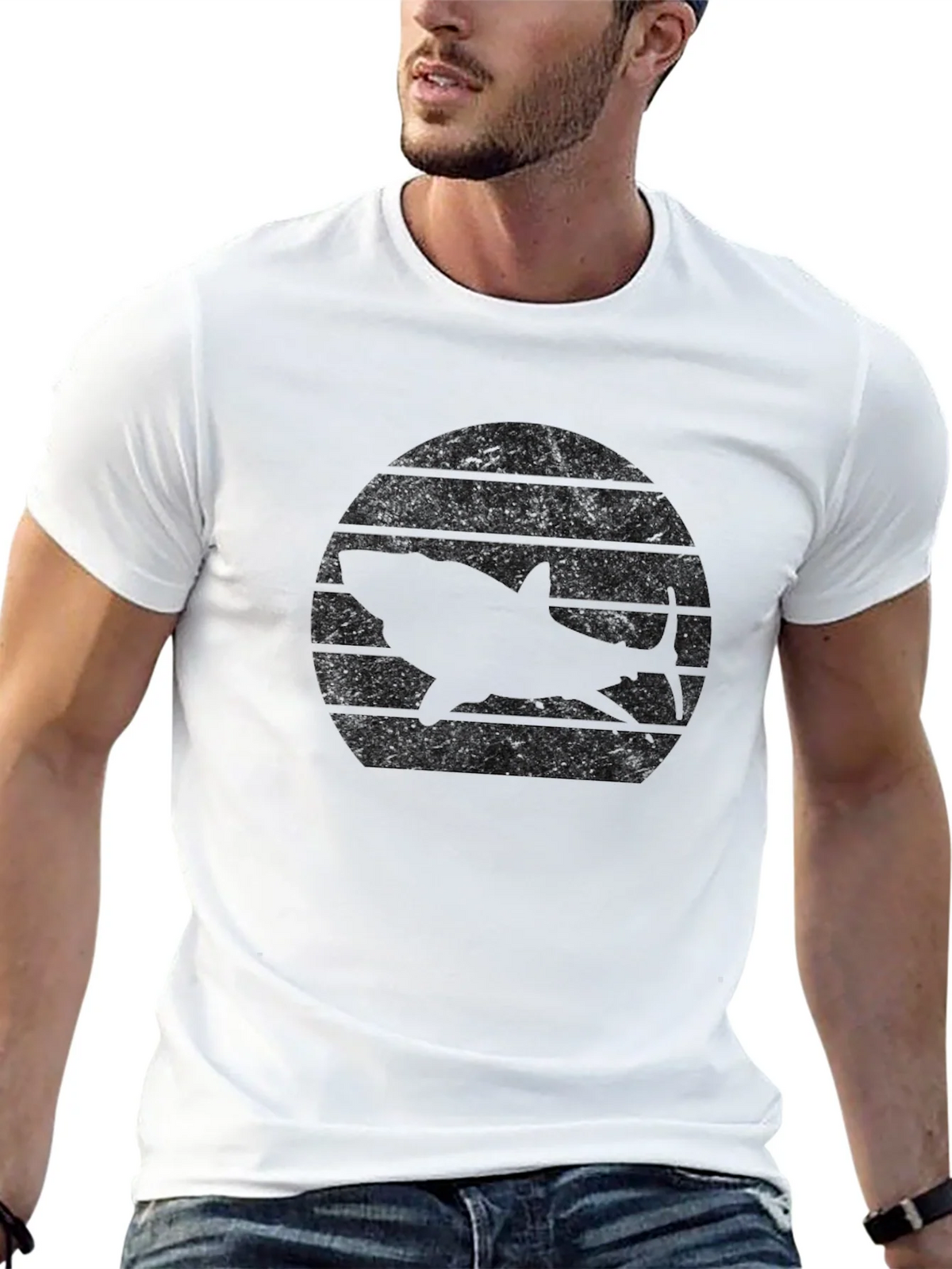 Retro Shark Sunset Black T-Shirt product image 12