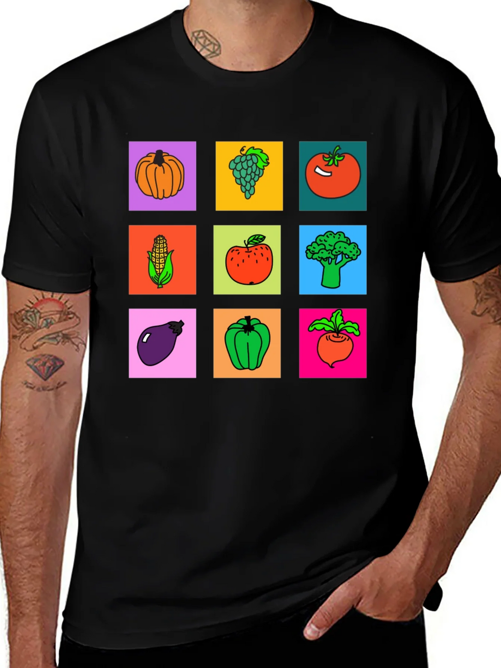 Vibrant Vegetable & Fruit Graphic Print T-Shirt product image 1