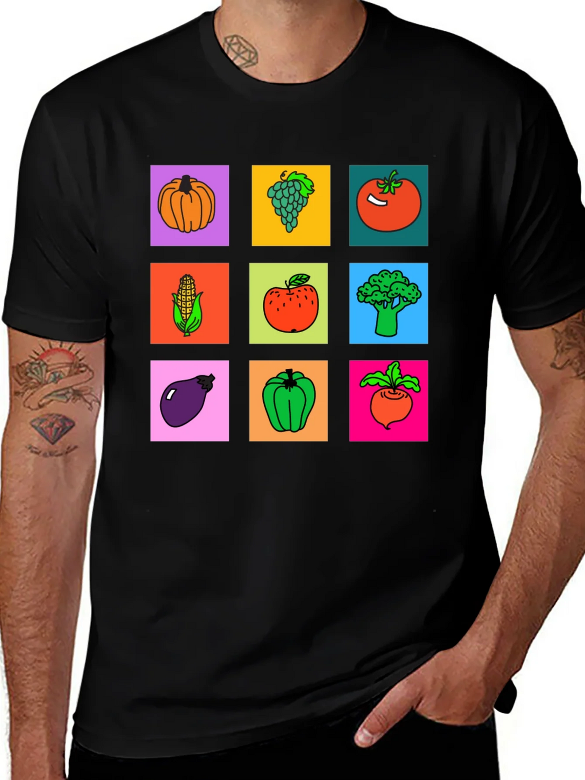Vibrant Vegetable & Fruit Graphic Print T-Shirt product image 1