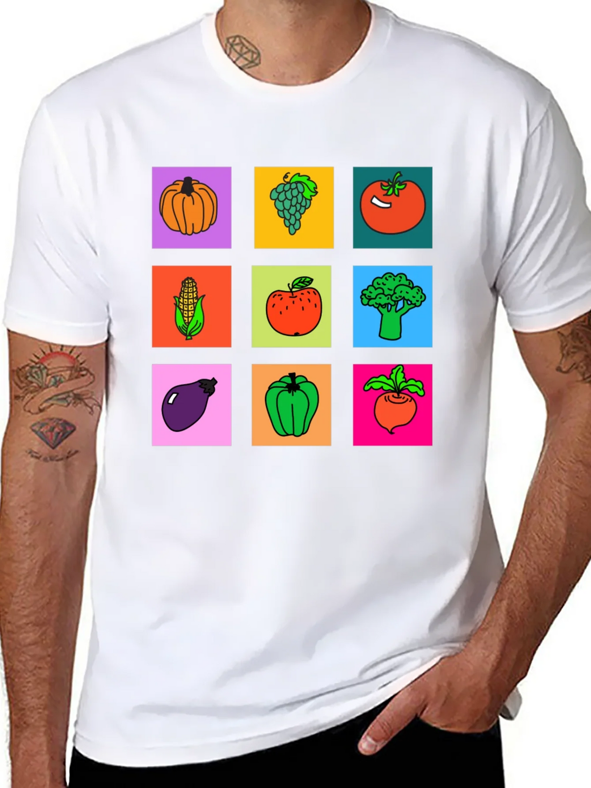 Vibrant Vegetable & Fruit Graphic Print T-Shirt product image 3
