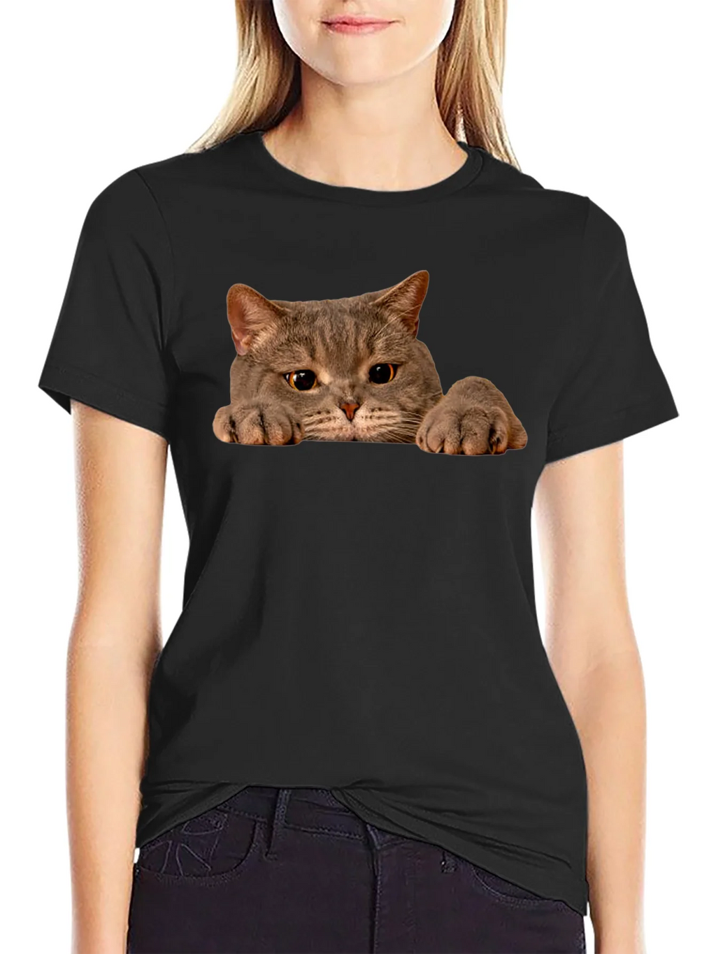 Cat Peeking Black T-Shirt - Novelty Graphic Tee product image 2