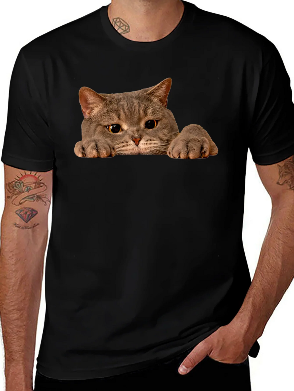 Cat Peeking Black T-Shirt - Novelty Graphic Tee product image 1