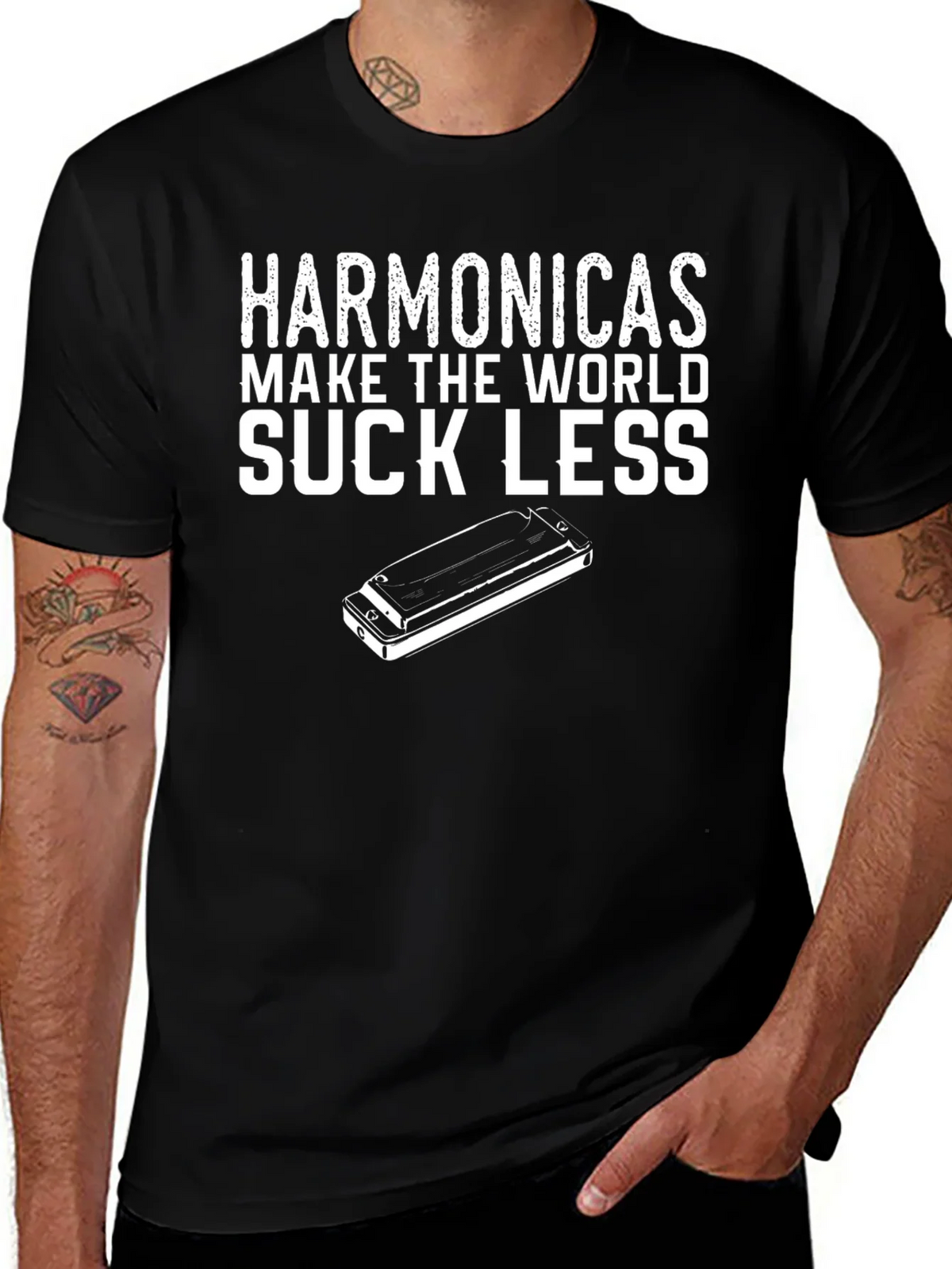 Harmonicas Make the World Suck Less Black T-Shirt product image 1