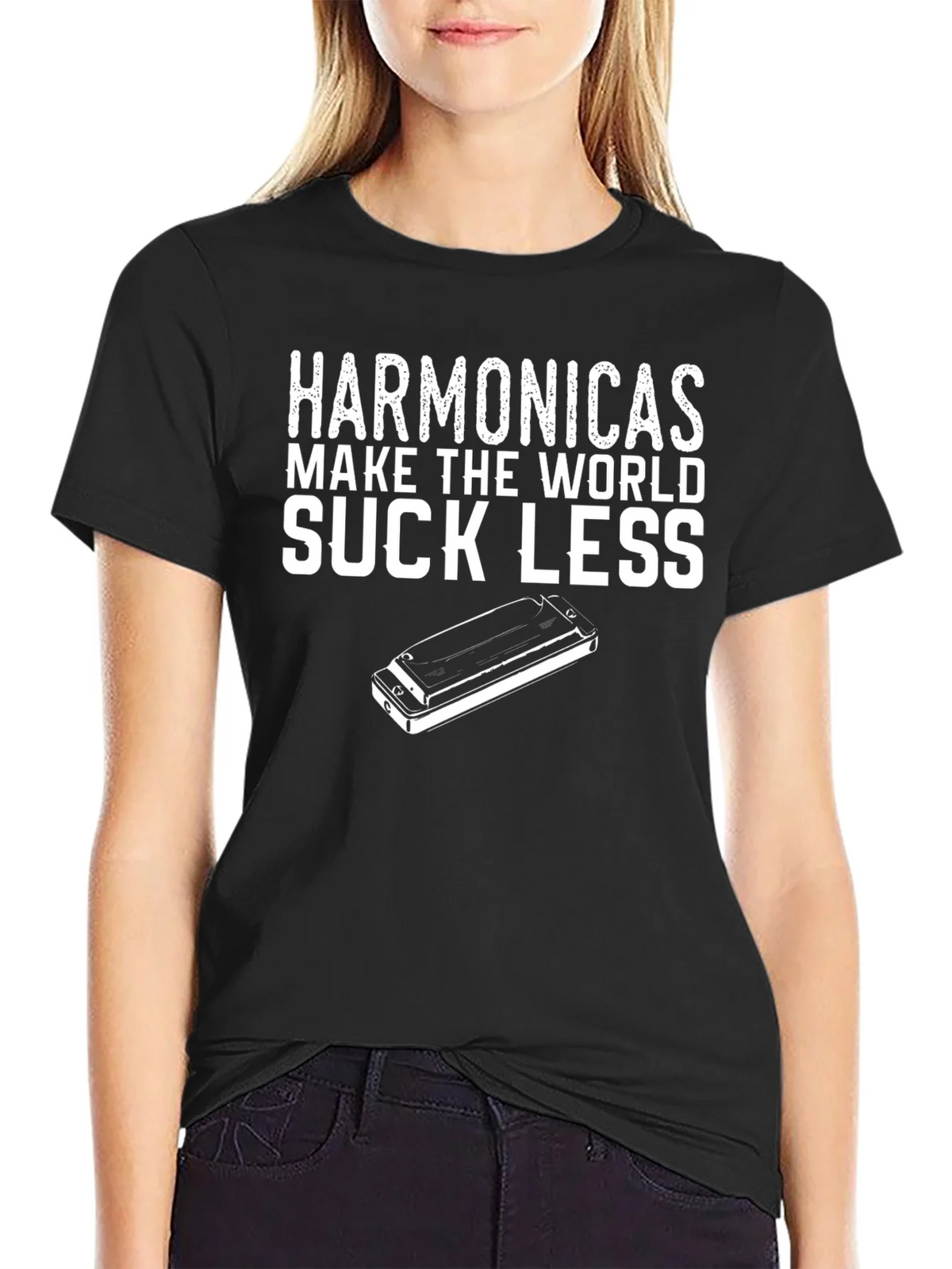 Harmonicas Make the World Suck Less Black T-Shirt product image 2