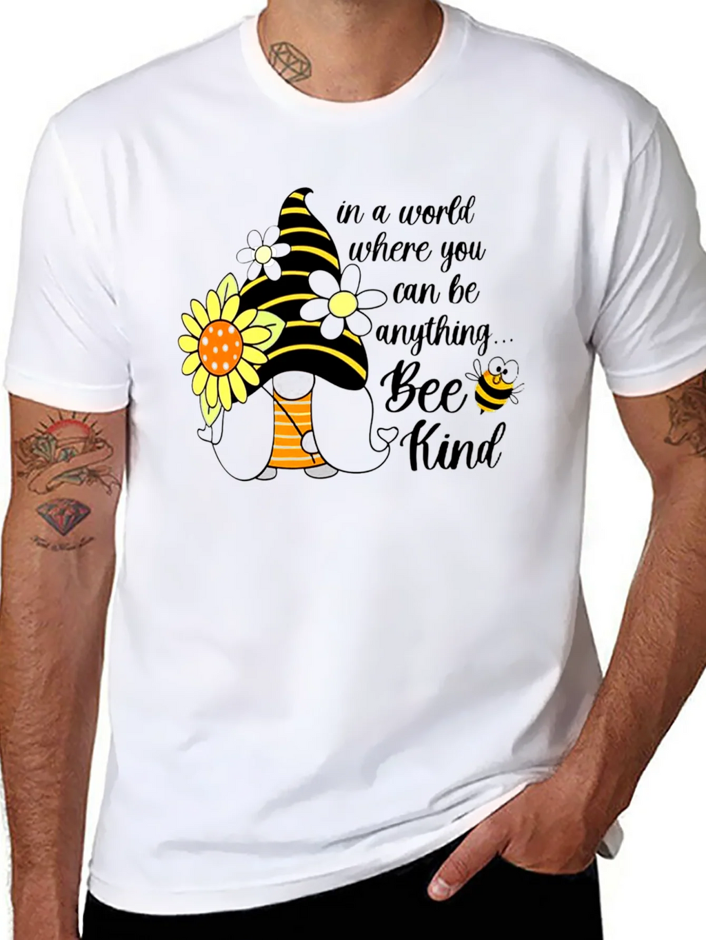 Bee Kind Gnome T-Shirt: Sunflower & Striped Hat