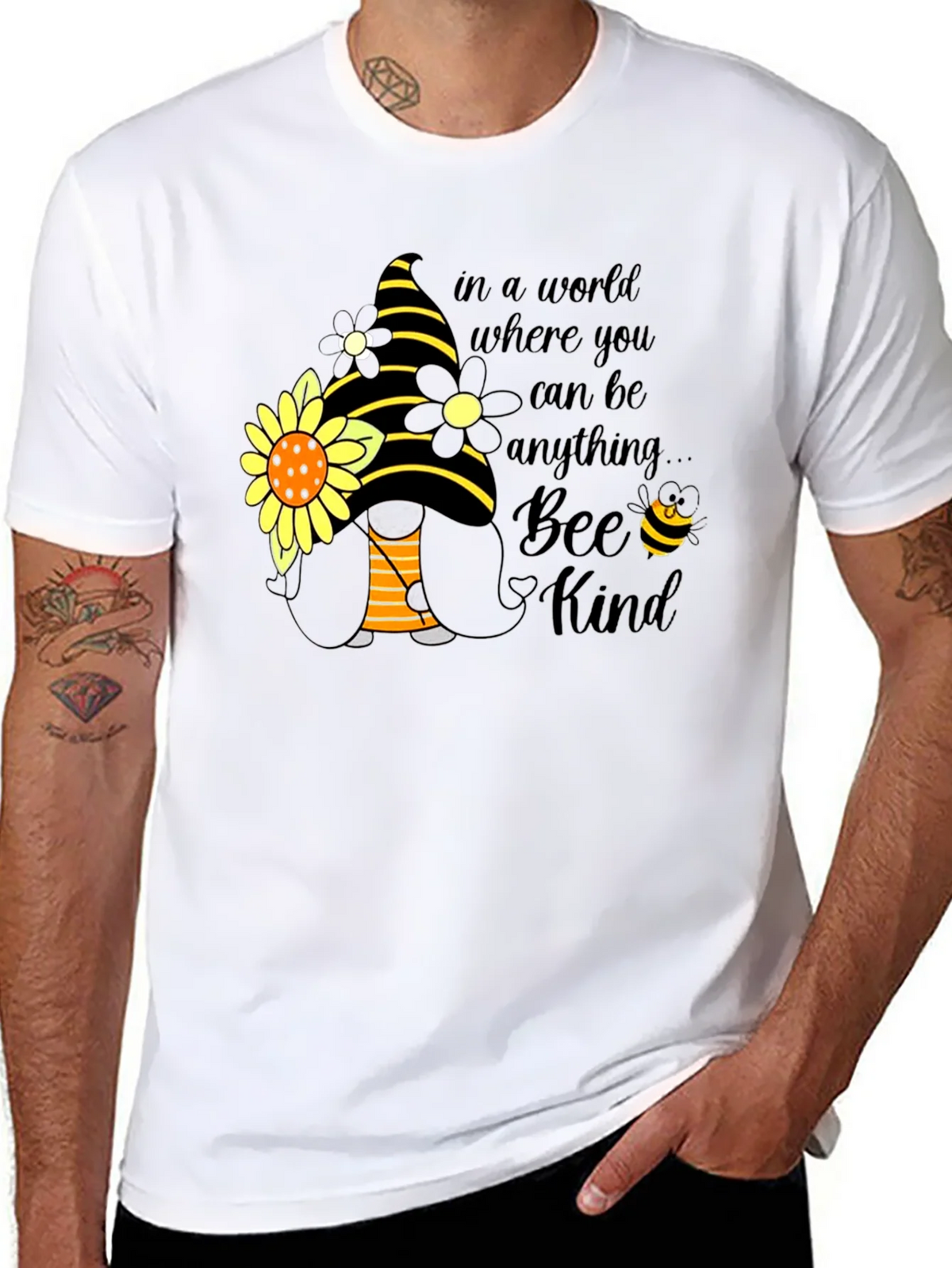 Bee Kind Gnome T-Shirt: Sunflower & Striped Hat