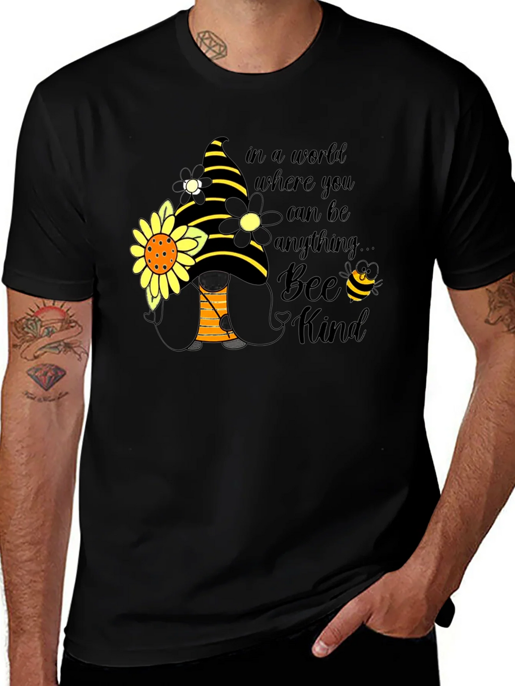 Bee Kind Gnome T-Shirt: Sunflower & Striped Hat