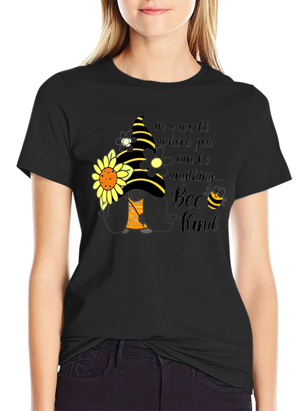 Bee Kind Gnome T-Shirt: Sunflower & Striped Hat