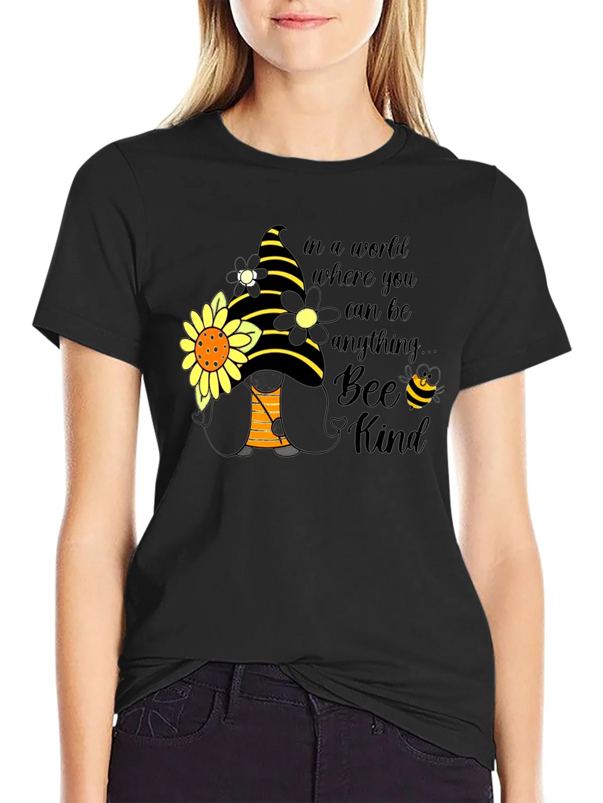 Bee Kind Gnome T-Shirt: Sunflower & Striped Hat