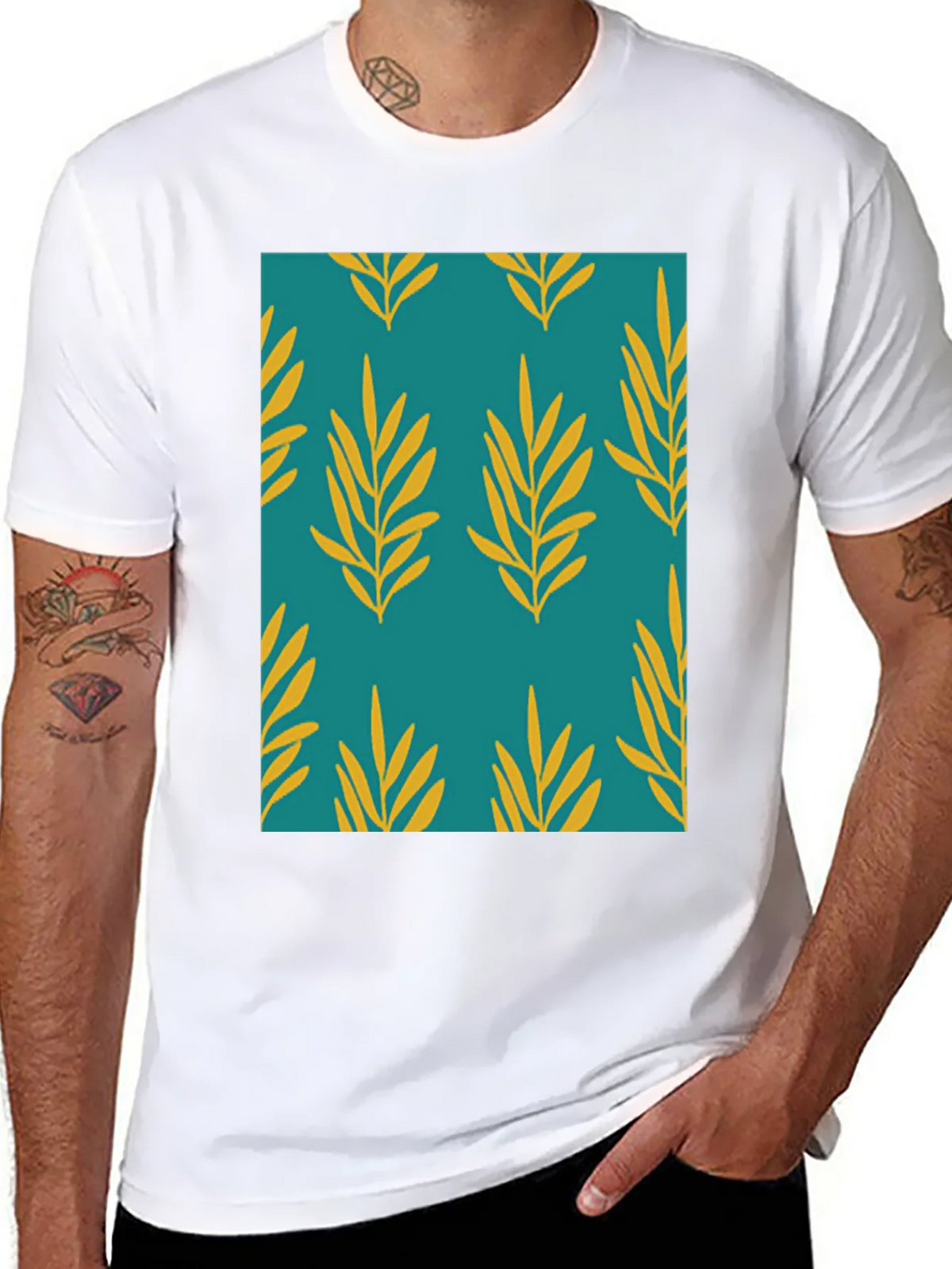 Leaf Pattern Print Mens Black T-Shirt product image 4