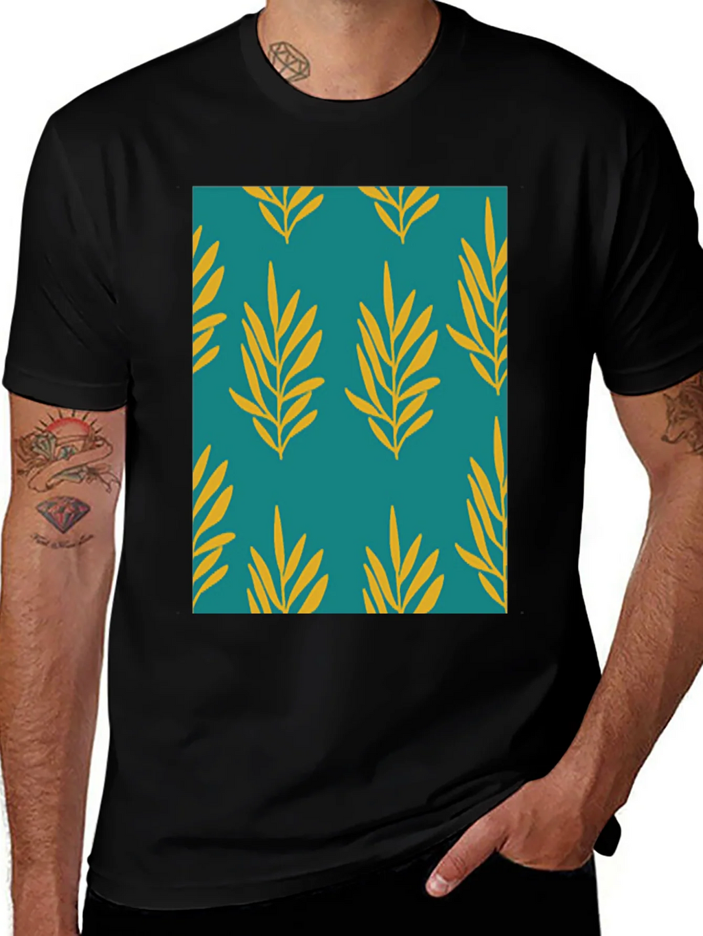 Leaf Pattern Print Mens Black T-Shirt product image 1