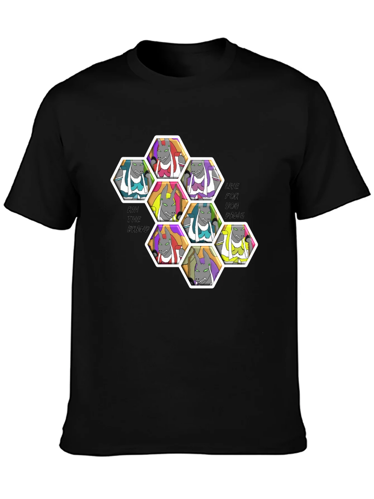 Unique Cartoon Character Hexagon Pattern Black T-Shirt product image 3