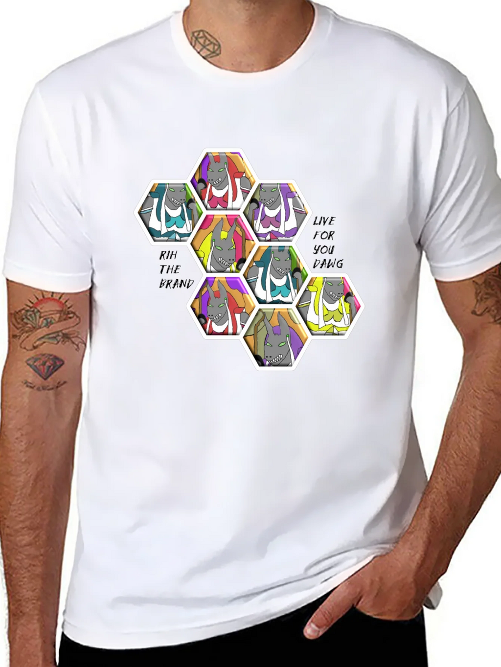 Unique Cartoon Character Hexagon Pattern Black T-Shirt product image 7