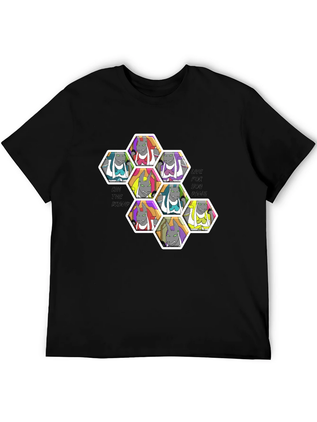 Unique Cartoon Character Hexagon Pattern Black T-Shirt product image 5