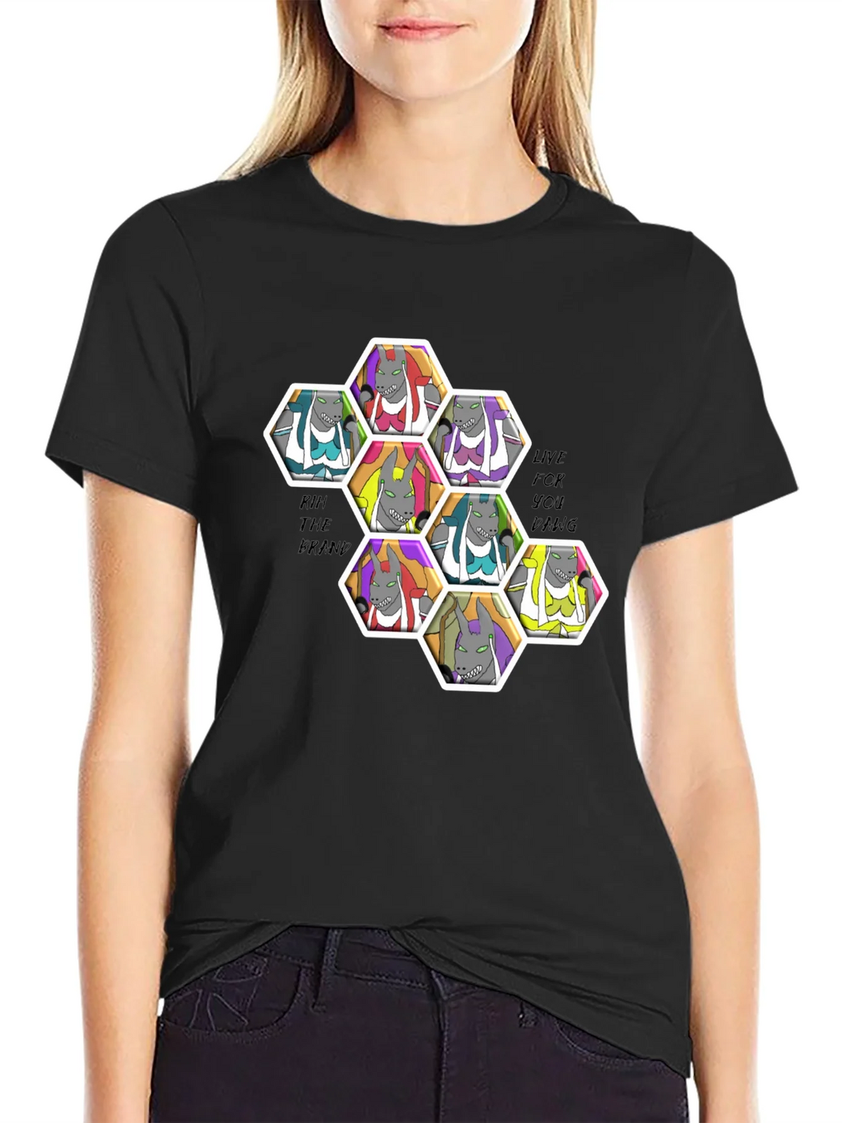 Unique Cartoon Character Hexagon Pattern Black T-Shirt product image 2