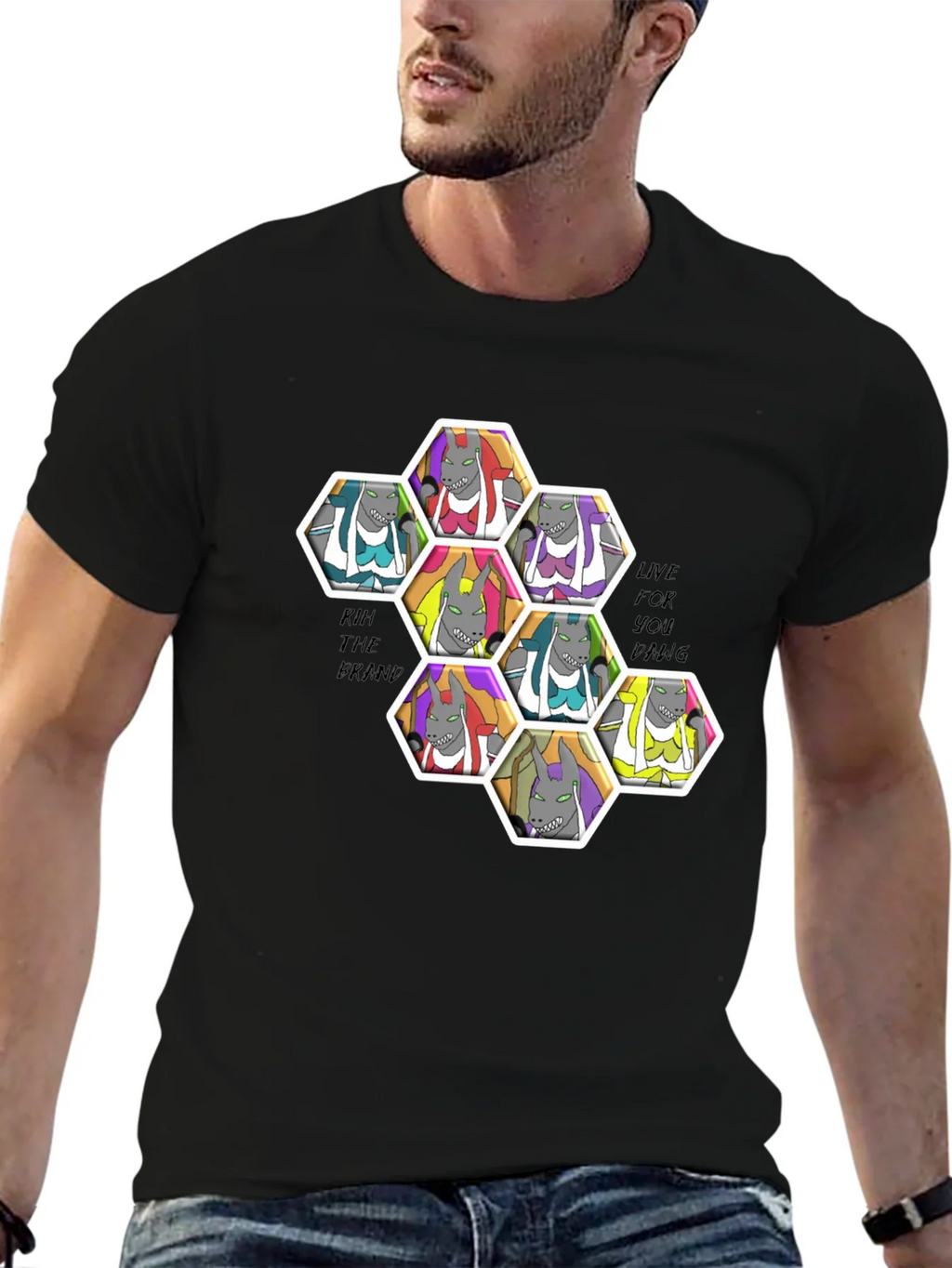 Unique Cartoon Character Hexagon Pattern Black T-Shirt product image 6