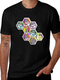 Unique Cartoon Character Hexagon Pattern Black T-Shirt product image 1