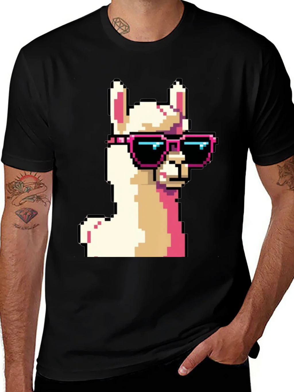 Cool Llama Pixel Art Black T-Shirt product image 1