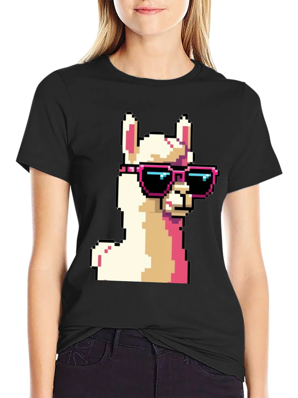 Cool Llama Pixel Art Black T-Shirt product image 2