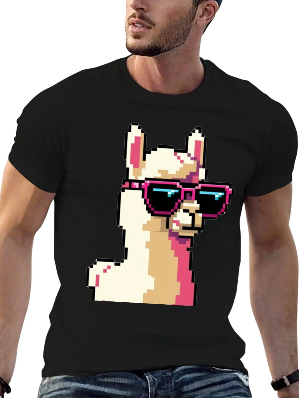 Cool Llama Pixel Art Black T-Shirt product image 6