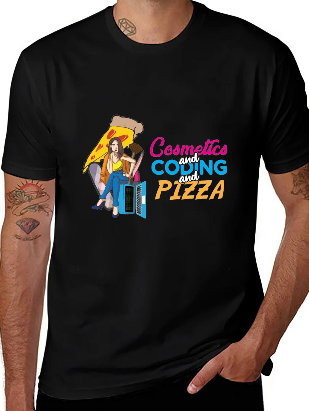 Cosmetics Coding & Pizza Black T-Shirt product image 1