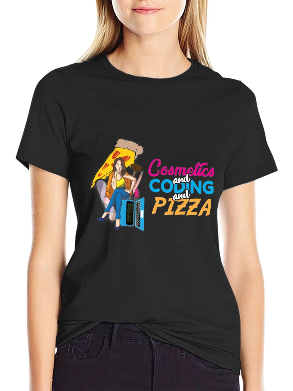 Cosmetics Coding & Pizza Black T-Shirt product image 2