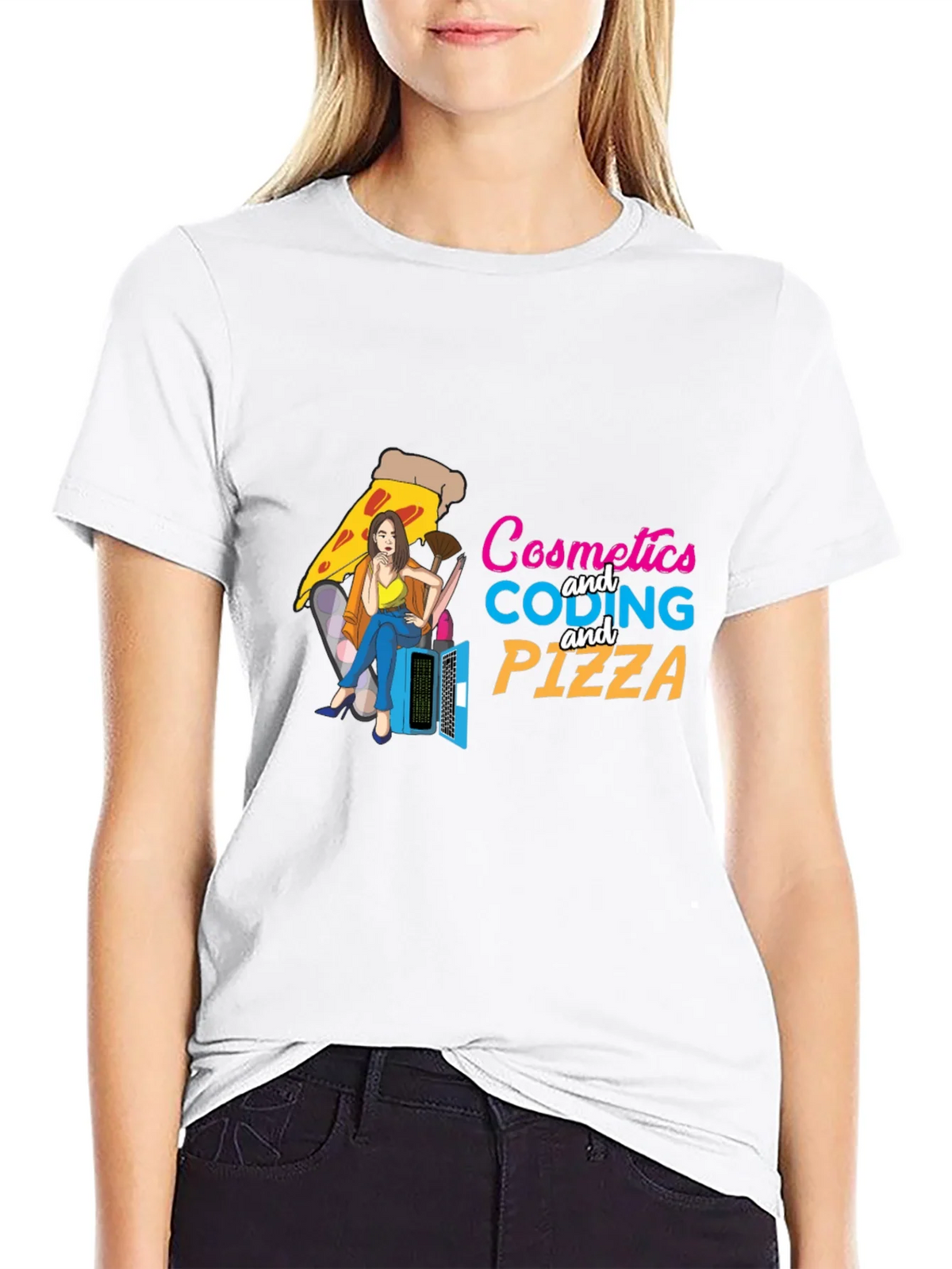 Cosmetics Coding & Pizza Black T-Shirt product image 8