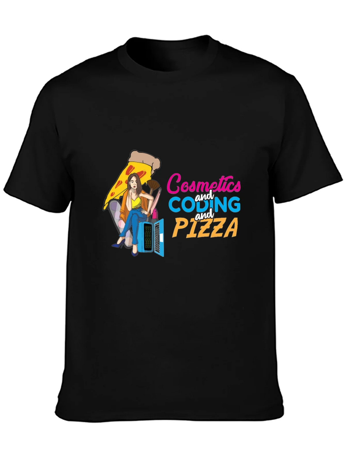 Cosmetics Coding & Pizza Black T-Shirt product image 3