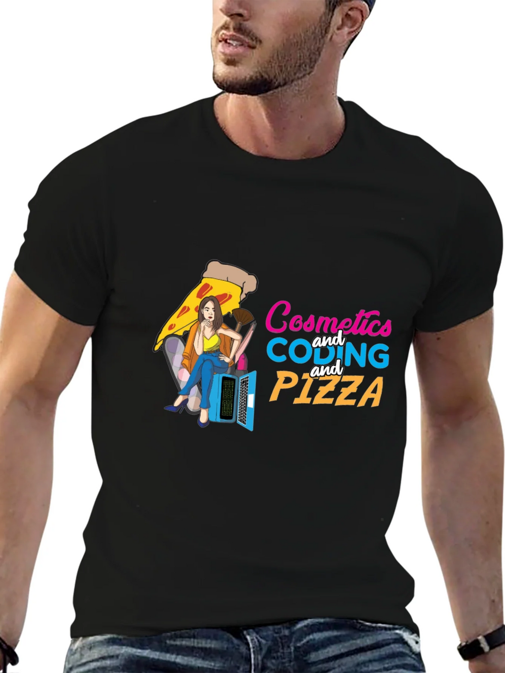 Cosmetics Coding & Pizza Black T-Shirt product image 6