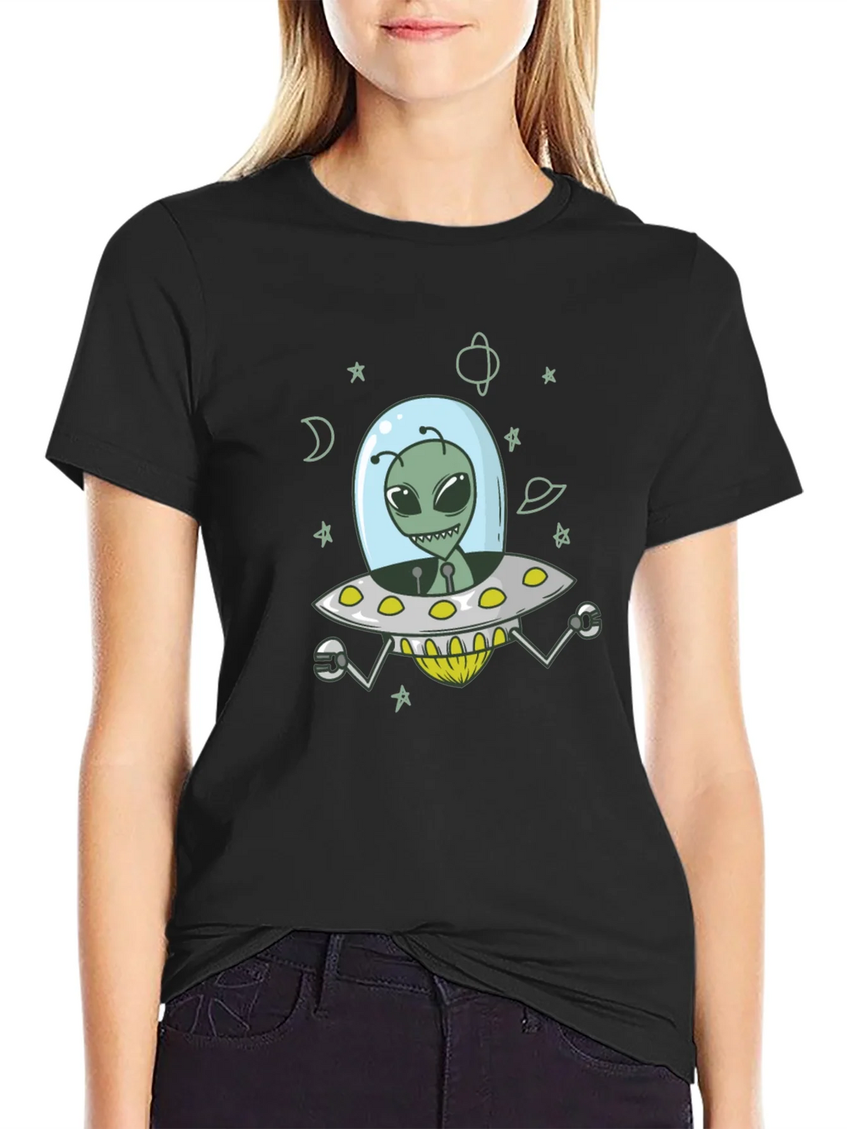 Alien UFO Graphic Tee - Black Cotton T-Shirt product image 2