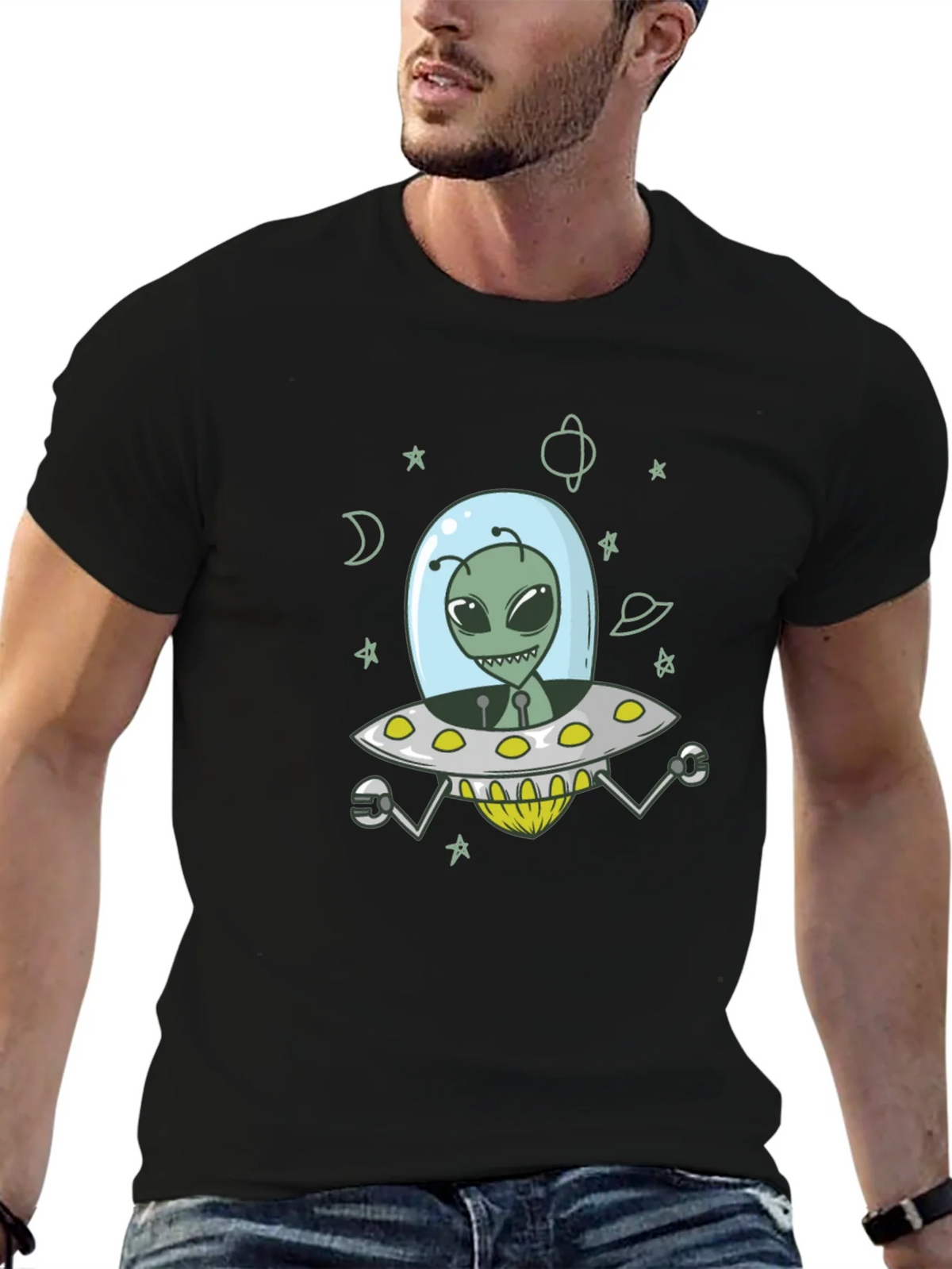 Alien UFO Graphic Tee - Black Cotton T-Shirt product image 5