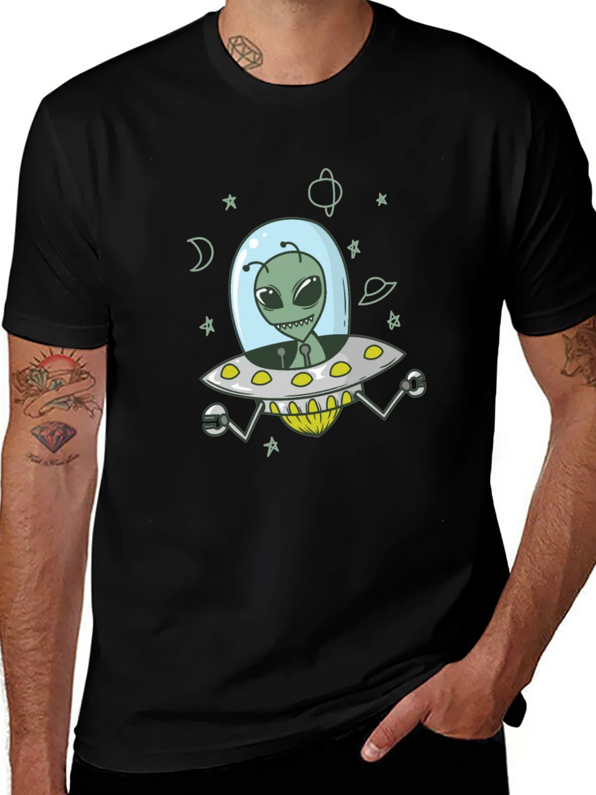 Alien UFO Graphic Tee - Black Cotton T-Shirt product image 1
