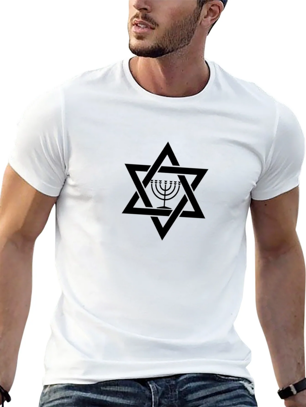 Mens Black T-Shirt with Star of David & Menorah Design product image 12