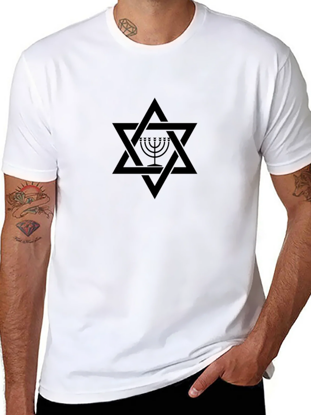 Mens Black T-Shirt with Star of David & Menorah Design product image 7