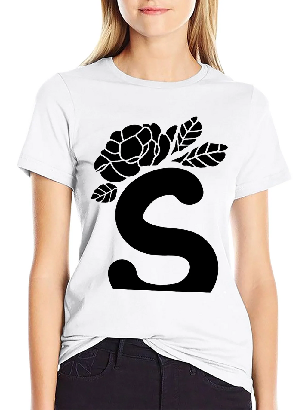 Elegant Black Floral S Initial T-Shirt product image 8