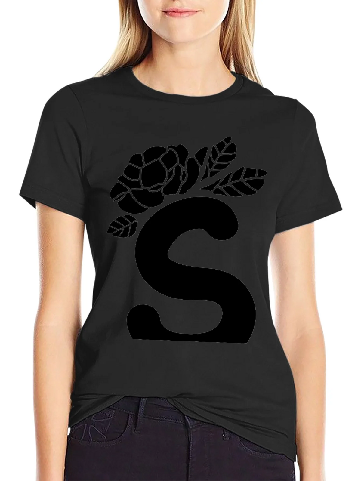 Elegant Black Floral S Initial T-Shirt product image 2