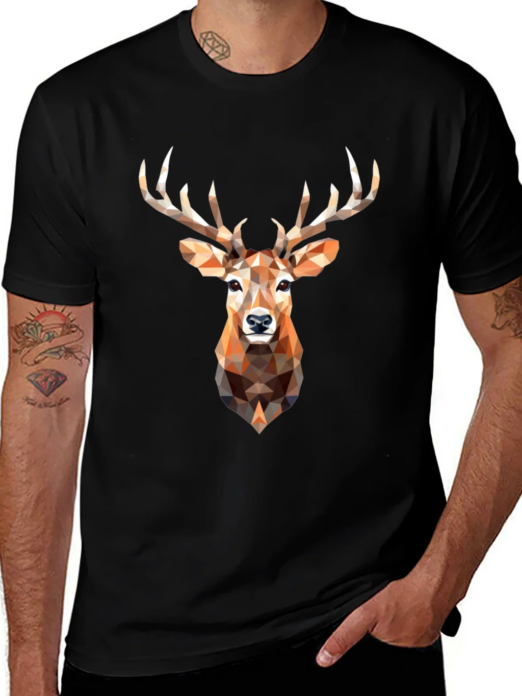 Geometric Deer Head Graphic Print Black T-Shirt product image 1
