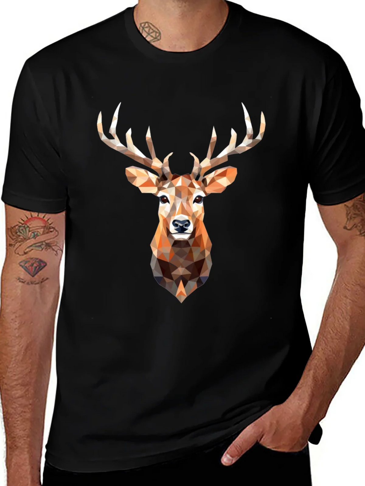 Geometric Deer Head Graphic Print Black T-Shirt product image 1