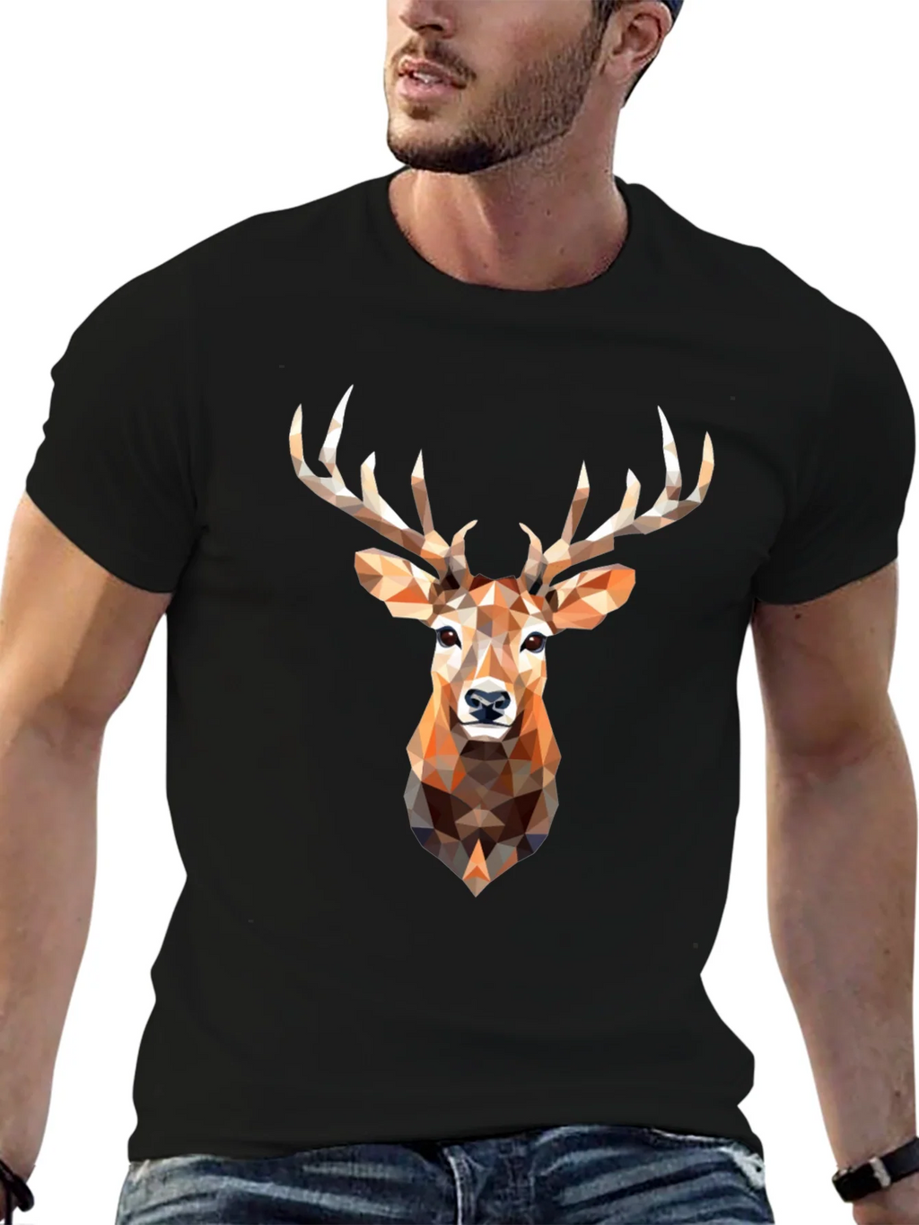 Geometric Deer Head Graphic Print Black T-Shirt product image 6