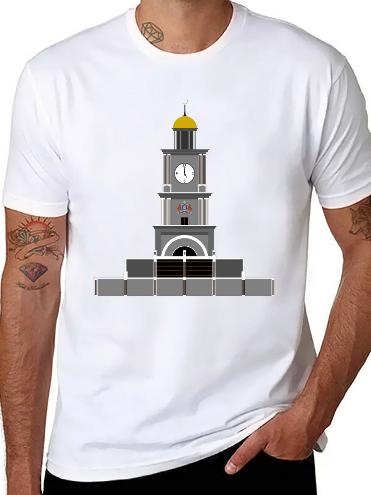 Black T-Shirt with Clock Tower Graphic product image 7