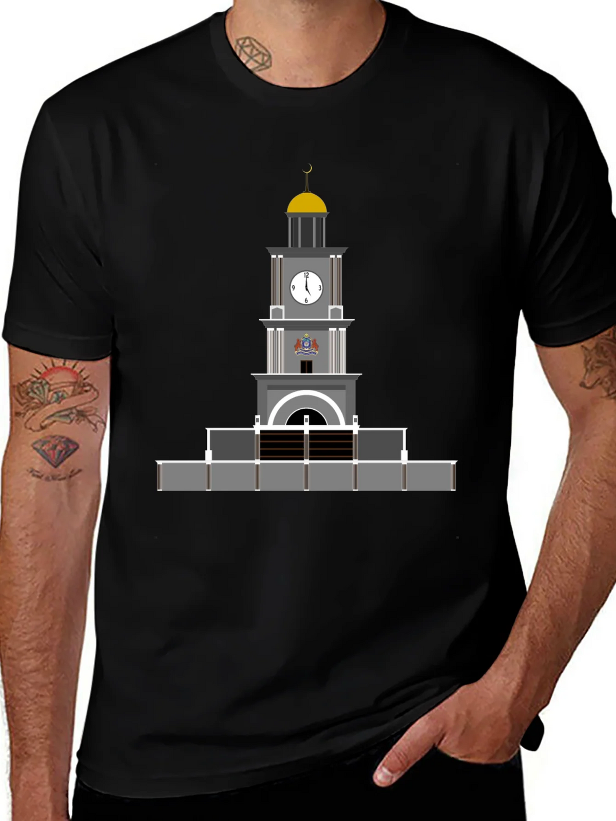 Black T-Shirt with Clock Tower Graphic product image 1