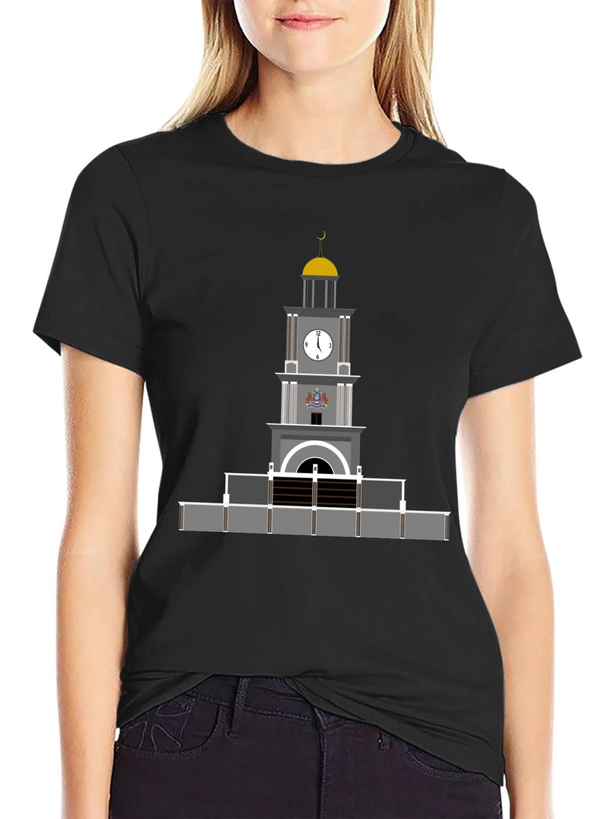 Black T-Shirt with Clock Tower Graphic product image 2